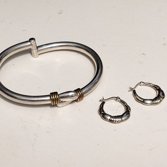 Taxco 27g Sterling Clamper Bypass Bracelet w Brass Detail. Optional 3/4" Hoops - Picture 1 of 14